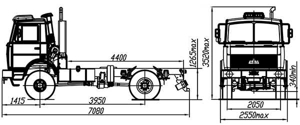 размерная схема шасси 4х4 МАЗ 5434X3-460-000