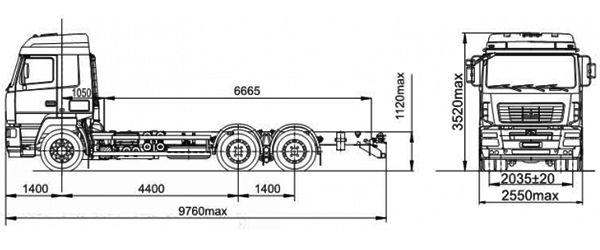 размерная схема шасси 6х4 МАЗ – 6312Н9-425-012, 6312Н9-475-012 