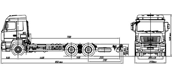 размерная схема шасси 6х4 МАЗ – 6312Н9-429-012 и 6312H9-479-012 
