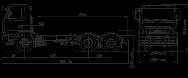 МАЗ – 6312B3 - 427 - 010 размерная схема грузового шасси 6х4