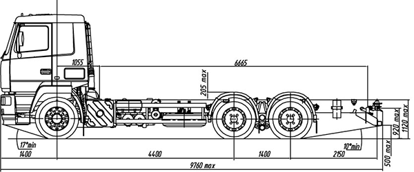 схема размеров шасси 6х4 МАЗ – 6312В7-8475-012