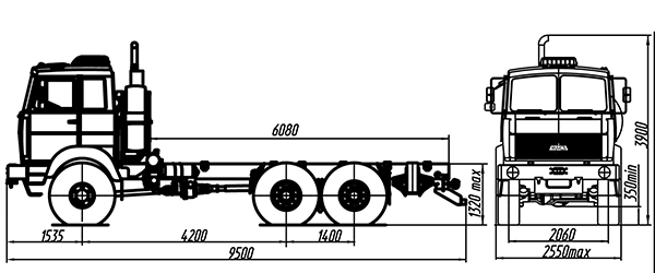 схема размеров шасси вездехода МАЗ – 6317X9-480-001 6х6 автомобильное