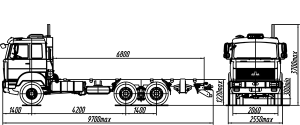 схема размеров шасси вездехода МАЗ – 6317X9-491-000 6х6 автомобильное