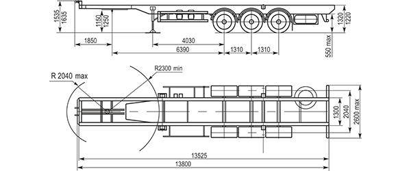 Схема размеров МАЗ 975850-1010  полуприцеп для рефрежиратора