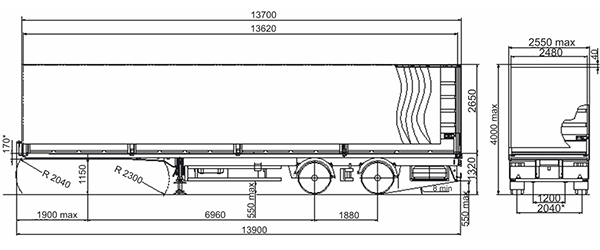 размерная схема МАЗ-931010 -3011 -3020 прицеп тентовый бортовой