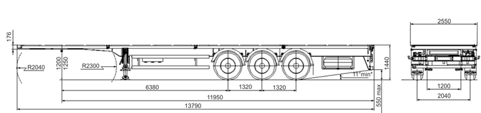 размерная схема шасси МАЗ –975800-1012 полуприцеп