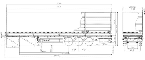 размерная схема МАЗ – 975830-3021 прицеп тентовый бортовой трехосный