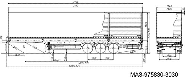 Схема размеров МАЗ 975830-3030 и 975830-3034  прицеп тентовый бортовой с тентом