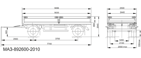 МАЗ – 892600-2010 размерная схема бортового прицепа 
