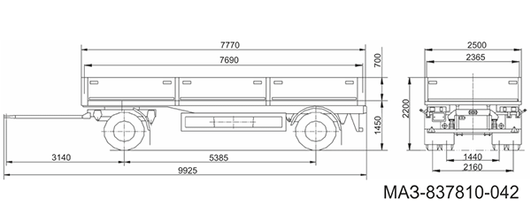 МАЗ – 837810-2012 размерная схема бортового прицепа 