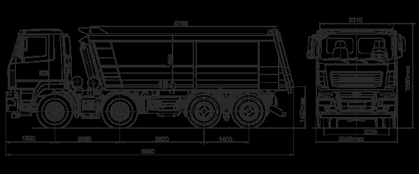 размерная схема самосвал 8х4 МАЗ – 6516w9-420-000 с кузовом типа совок 