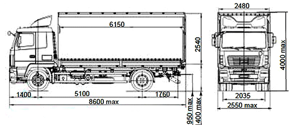 схема размеров тентового автомобиля  МАЗ 5340w5 