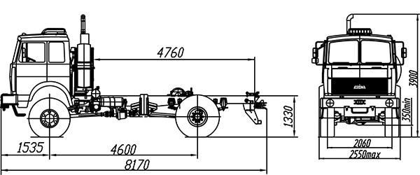 размерная схема шасси 4х4 МАЗ – 5316Х5-461-000 с полным приводом