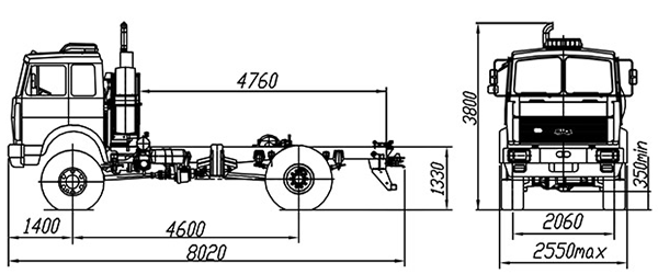 размерная схема 4х4 МАЗ – 5316Х5-460-001 полный привод