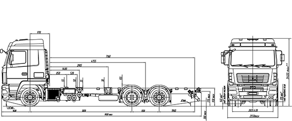 размерная схема шасси 6х2 МАЗ –631019-420-031