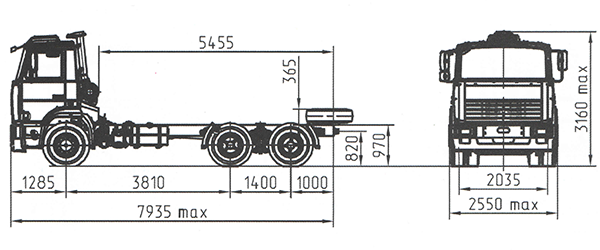 размерная схема МАЗ – 6303W4-447-000  шасси 6х4
