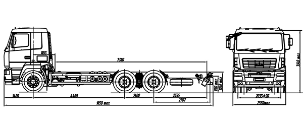 размерная схема шасси 6х4 МАЗ – 6312В5-8479 -011 -012