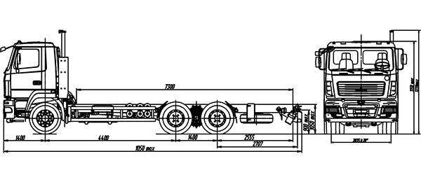 размерная схема шасси 6х4 МАЗ – 6312B9 -427 - 477 - 012 