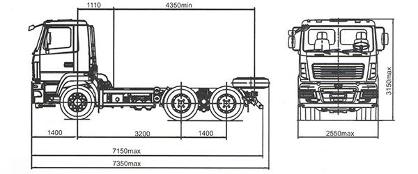 размерная схема шасси 6х4 МАЗ – 6501Н5-440-000 (6501H5-440-000)