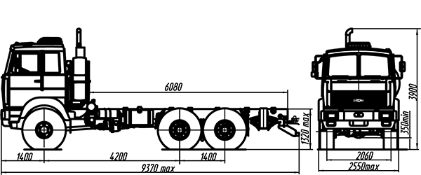 схема размеров шасси МАЗ – 6317X9-471-001 6х6 автомобильное