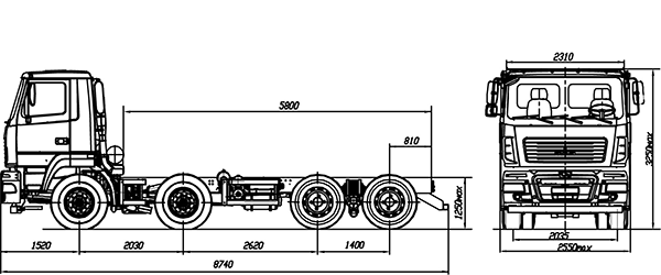 размерная схема шасси 8х4 МАЗ – 6516V9-540-000