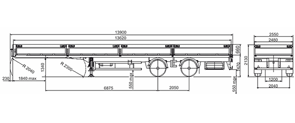 размерная схема МАЗ 931010 - 2011, - 2020 бортовой полуприцеп