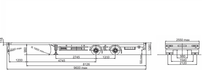 размерная схема МАЗ 931020 - 1010, - 1012 полуприцепные шасси
