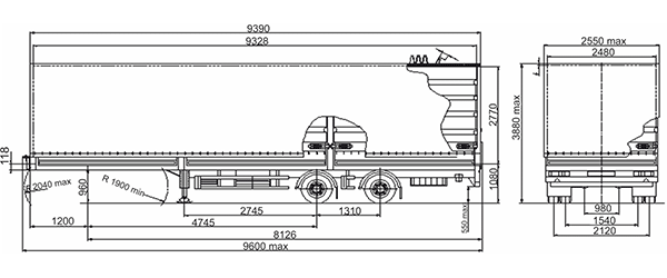 размерная схема МАЗ 931020 - 3010, - 3012 бортовой полуприцеп