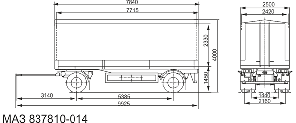 размерная схема МАЗ – 837810-014 тентового  прицепа