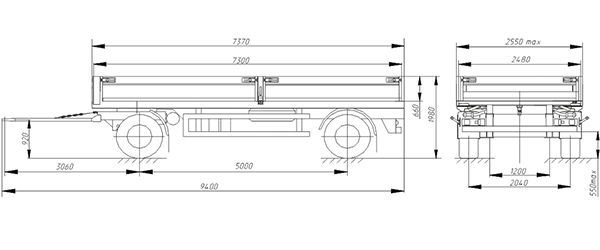 размерная схема шасси для прицепа  МАЗ – 870110-1010 
