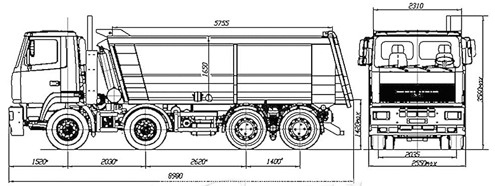 размерная схема самосвал 8х4 МАЗ – 6516B9-480-000 с кузовом совок 